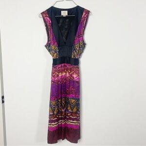 Eci New York Y2K Silk Sash Tie V Neck Boho Geometric Dress